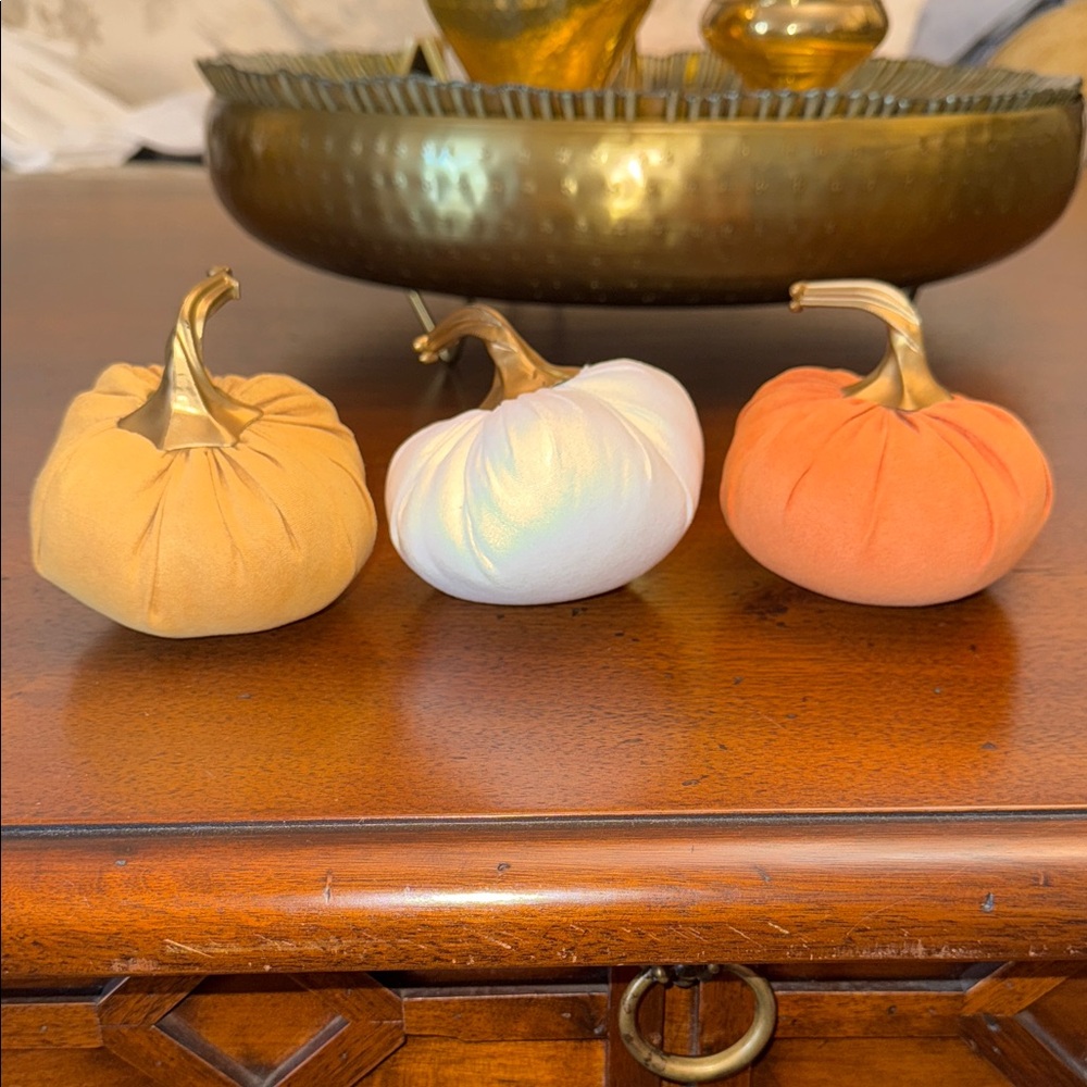Set of 3 Decorative Pumpkins. Orange, White, yellow Gold soft cushion like